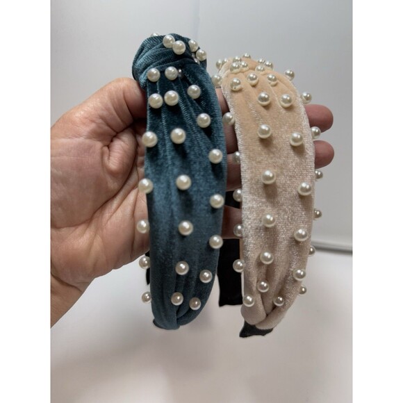 Velvet Top Knot Faux Pearl Embellished Headband Bundle Lot Of 2 Cream & Teal New - Picture 3 of 6
